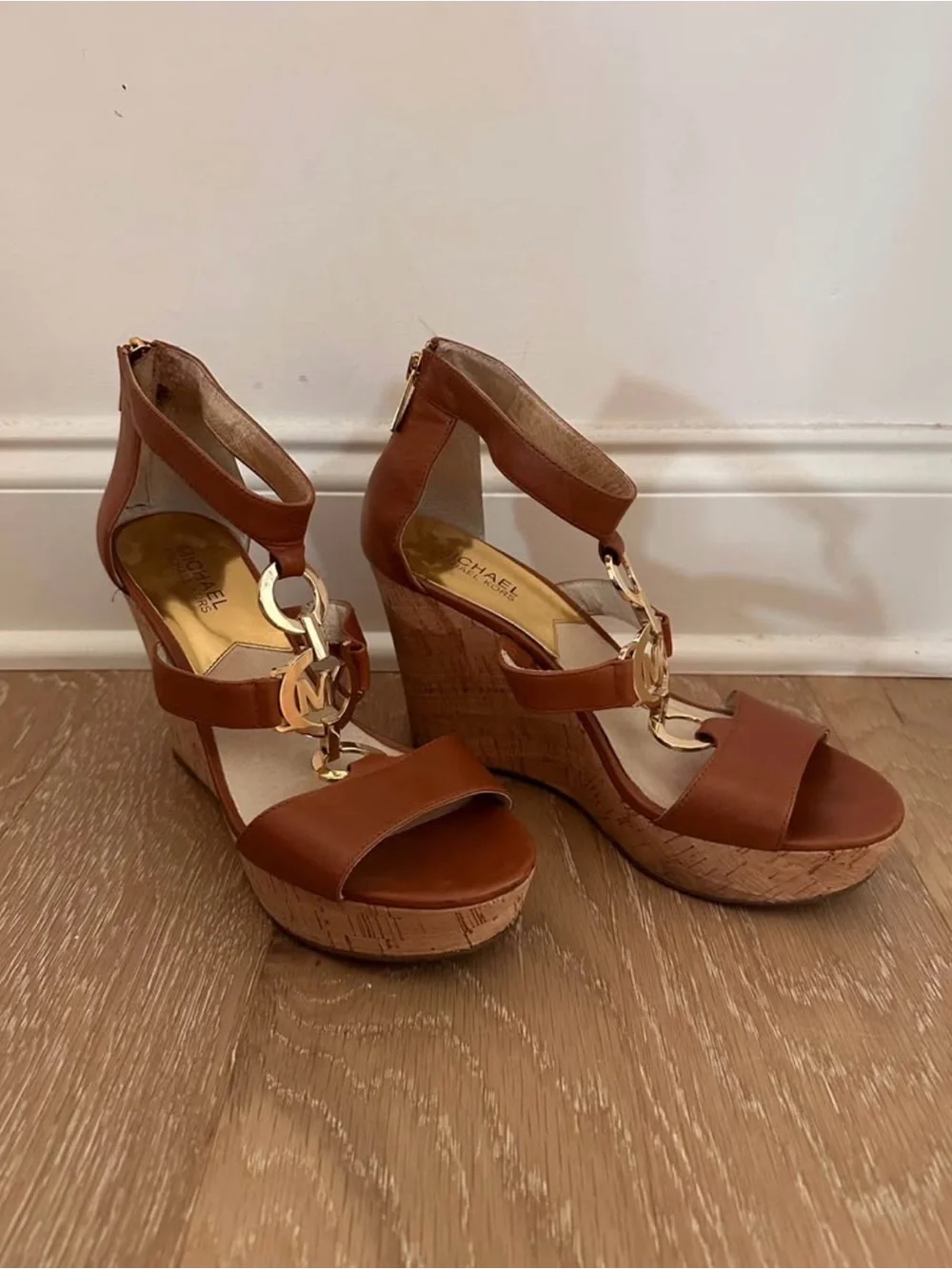 Michael Kors Brown Leather Platform Wedge Sandals with Gold MK Accents